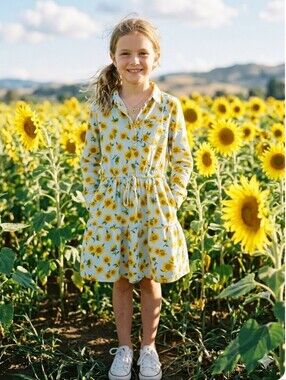 Lands' End Light Blue Sunflower-Print Cotton Girls Casual  Dress Sz  S(6-7)